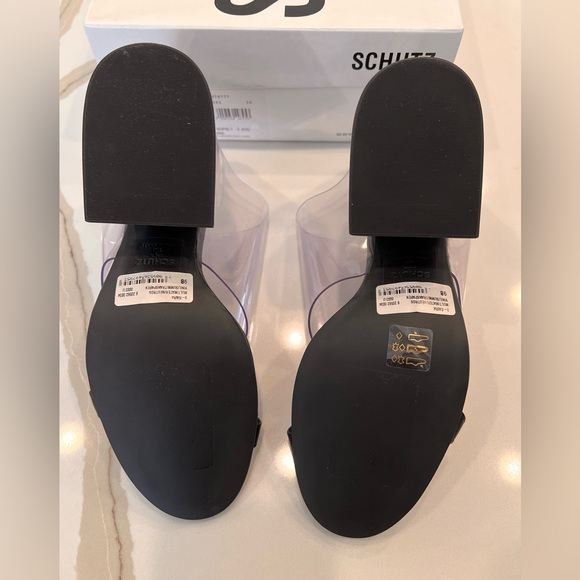 New in Box Schutz Raira Black Leather/Transparent Block Heel Slide Sandals - Picture 10 of 12